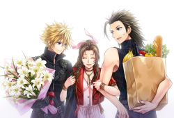 Rule 34 | 1girl, 2boys, aerith gainsborough, armor, bag, banana, bangle, bare arms, black gloves, black shirt, blue eyes, blue pants, blue shirt, bottle, bouquet, bracelet, braid, braided ponytail, bread, breasts, chest strap, choker, closed eyes, cloud strife, cropped jacket, dress, earrings, facial scar, final fantasy, final fantasy vii, final fantasy vii advent children, final fantasy vii remake, flower, flower choker, food, fruit, gloves, hair between eyes, hair ribbon, hair slicked back, high collar, holding, holding another&#039;s arm, holding bag, holding bouquet, jacket, jewelry, lily (flower), loaf of bread, locked arms, long hair, looking at another, medium breasts, medium hair, multiple boys, muscular, muscular male, open collar, pants, paper bag, parted bangs, parted lips, pink dress, pink ribbon, red jacket, ribbon, scar, scar on cheek, scar on face, shirt, short hair, short sleeves, shoulder armor, sidelocks, single earring, single sleeve, sleeveless, sleeveless turtleneck, smile, spiked hair, turtleneck, twilightend, upper body, vegetable, white background, wine bottle, yellow flower, zack fair