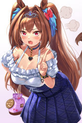 Rule 34 | 1girl, animal ears, bag, blush, bracelet, breasts, brown hair, collar, commentary request, cowboy shot, daiwa scarlet (umamusume), fang, hair intakes, hair ornament, handbag, highres, horse ears, horse girl, horse tail, index finger raised, jewelry, large breasts, leaning forward, long hair, looking at viewer, mikumo (lpmkookm), off-shoulder shirt, off shoulder, open mouth, pleated skirt, red eyes, shirt, simple background, skin fang, skirt, solo, tail, tiara, twintails, umamusume, very long hair, white background