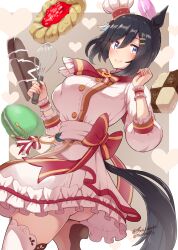 Rule 34 | 1girl, animal ears, back bow, black hair, blue eyes, bob cut, boots, boris (noborhys), bow, candy, chef hat, chocolate, chocolate heart, closed mouth, commentary, cookie, cowboy shot, dress, eishin flash (collect chocolatier) (umamusume), eishin flash (umamusume), food, frilled cuffs, frilled sleeves, frills, from side, hair ornament, hairclip, hat, heart, highres, holding, holding whisk, horse ears, horse girl, horse tail, leg up, long sleeves, looking at viewer, macaron, mini chef hat, neckerchief, official alternate costume, pocket watch, red bow, red neckerchief, short dress, short hair, smile, solo, standing, standing on one leg, tail, tart (food), thighhighs, tilted headwear, twitter username, umamusume, valentine, watch, whisk, white dress, white hat, white thighhighs
