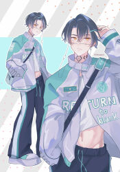 Rule 34 | 1boy, alternate costume, black hair, black pants, closed mouth, expressionless, full body, glasses, hair ornament, hairpin, hand in pocket, highres, itsuki (paradox live), jacket, long sleeves, male focus, miya (38magical), multicolored hair, neck tattoo, orange eyes, pants, paradox live, purple jacket, shirt, short hair, solo, tattoo, twitter username, white hair, white shirt
