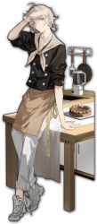 Rule 34 | 1boy, artist request, blender (object), blonde hair, cake, earrings, food, frying pan, game cg, hair between eyes, hand on table, highres, ishihara usumi, jewelry, leaning on table, mahjong soul, male focus, official art, shoes, simple background, sneakers, solo, spatula, table, transparent background, untied, white footwear, white legwear, wooden table, yellow eyes, yostar
