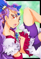 Rule 34 | 1girl, bike shorts, breast slip, breasts, commentary request, flower, graphite (medium), hair ornament, long hair, looking at viewer, magical girl, milky rose, millipen (medium), mimino kurumi, onnaski, open mouth, precure, purple hair, shorts, traditional media, yes! precure 5, yes! precure 5 gogo!