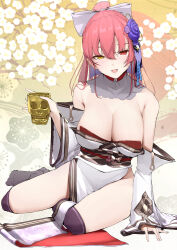 Rule 34 | 1girl, arm support, blush, breasts, cleavage, cup, detached collar, detached sleeves, dokuro-kun (houshou marine), flower, full body, hair between eyes, hair flower, hair ornament, heterochromia, highres, holding, holding cup, hololive, houshou marine, japanese clothes, kimono, large breasts, long hair, long sleeves, looking at viewer, mitsuru (pixiv 34028718), no shoes, off shoulder, open mouth, pink hair, ponytail, red eyes, solo, virtual youtuber, white kimono, yellow eyes