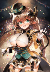 Rule 34 | 1girl, :d, absurdres, applepeaceee, audience, braid, breasts, brown hair, carmelina (granblue fantasy), circus, cleavage, confetti, draph, epaulettes, gloves, granblue fantasy, green eyes, hair ornament, hat, highres, horns, large breasts, long hair, open mouth, pointy ears, smile, solo, twin braids, underboob, whip