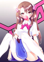 Rule 34 | 1girl, alternate costume, alternate eye color, alternate hairstyle, animal print, blue skirt, bow, bowtie, brown hair, blowing bubbles, buttons, character name, chewing gum, collared shirt, d.va (overwatch), dress shirt, eyebrows, facepaint, facial mark, hair ornament, knees up, looking at viewer, overwatch, overwatch 1, parted bangs, pink bow, pink bowtie, pink eyes, rabbit hair ornament, rabbit print, school uniform, seo, shirt, short sleeves, sitting, skirt, solo, thighhighs, twintails, whisker markings, white shirt, white thighhighs, wing collar
