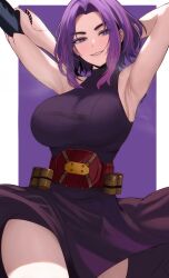 Rule 34 | absurdres, armpits, arms behind back, arms up, belt, boku no hero academia, breasts, commentary, edmun6969, highres, lady nagant, large breasts, leotard, looking at viewer, mature female, multicolored hair, parted lips, pink hair, presenting armpit, prosthetic weapon, purple hair, purple leotard, purple skirt, skirt, smile, streaked hair, sweat, thighs, two-tone hair, utility belt