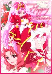Rule 34 | 1girl, akagi towa, bow, choker, cure scarlet, detached sleeves, earrings, go! princess precure, happy birthday, jewelry, kamikita futago, long hair, magical girl, open mouth, pink hair, pointy ears, precure, quad tails, red eyes, red hair, red sleeves, skirt, smile, solo, very long hair, waist bow