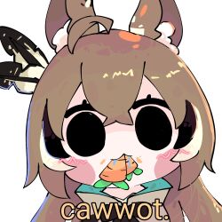 Rule 34 | 1girl, ahoge, animal ear fluff, animal ears, black eyes, blush stickers, brown capelet, brown cloak, brown hair, capelet, carrot, cat ears, chibi, cloak, commentary, crossed bangs, eating, english commentary, english text, feather hair ornament, feathers, food in mouth, hair between eyes, hair ornament, highres, hololive, hololive english, kemonomimi mode, koyoinacho, long hair, looking at viewer, mouth hold, multicolored hair, nanashi mumei, portrait, sidelocks, simple background, smol mumei, solo, straight-on, streaked hair, virtual youtuber, white background