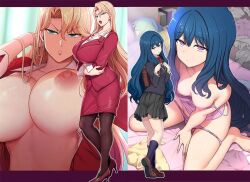 Rule 34 | 2girls, aiue oka, backpack, bag, blonde hair, blue hair, bow, breasts, breasts out, commentary request, cover, earrings, expressionless, green eyes, jewelry, kurashiki reika, large breasts, lingerie, long hair, looking up, multiple girls, nipples, nozaki yuu, original, pink eyes, red bow, saimin seishidou, school uniform, sitting, small breasts, underwear, very long hair