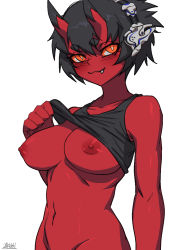 Rule 34 | 1girl, :3, black hair, black shirt, blush, bottomless, breasts, clothes lift, colored skin, fang, fang out, hairband, horns, kidouko (zakusi), large breasts, looking at viewer, navel, nipples, oni, oni horns, orange eyes, original, out-of-frame censoring, red oni, red skin, shirt, shirt lift, short hair, signature, simple background, smile, solo, thick eyebrows, white background, zakusi