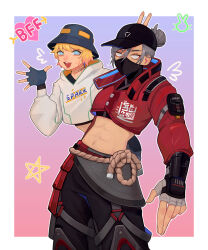 Rule 34 | 2girls, abs, animification, apex legends, baseball cap, black hat, black shirt, blonde hair, blue gloves, blue hat, border, bucket hat, colored tips, commentary, cropped hoodie, cropped jacket, cropped shirt, fingerless gloves, gloves, gold choker, gradient background, grey gloves, grey hair, hair behind ear, hair bun, hat, heart, highres, hood, hoodie, jacket, looking at viewer, mask, mouth mask, multicolored hair, multiple girls, namjak, navel, official alternate costume, pink hair, red jacket, shirt, single hair bun, smile, star (symbol), street smart wraith, symbol-only commentary, wattson (apex legends), white border, white hoodie, wraith (apex legends)