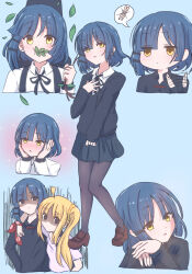 Rule 34 | 2girls, ahoge, arm around shoulder, black pantyhose, black ribbon, black skirt, black sweater, blonde hair, blue background, blue hair, blush, bocchi the rock!, braid, branch, brown footwear, closed mouth, collared shirt, commentary request, drumsticks, eating, expressionless, full body, giorgio (yo sumire sola1), guitar case, hair ornament, hair over one eye, hand up, hands on own cheeks, hands on own face, hands up, highres, holding, holding branch, ijichi nijika, instrument case, leaf, loafers, long hair, long sleeves, looking at viewer, mole, mole under eye, motion lines, multiple girls, multiple views, neck ribbon, nose blush, open mouth, pantyhose, parted bangs, parted lips, pleated skirt, raised eyebrows, ribbon, school uniform, shaded face, shimokitazawa high school uniform, shirt, shoes, short hair, short sleeves, side ponytail, sidelocks, simple background, skirt, sleeves past wrists, sparkle, speech bubble, sweater, upper body, very long hair, white shirt, wing collar, yamada ryo, yellow eyes