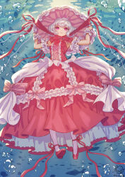 Rule 34 | 1girl, absurdres, air bubble, ankle ribbon, arm garter, bow, bubble, center frills, commentary, dress, dress bow, english commentary, frills, from below, full body, gown, hands on headwear, hat, high heels, highres, jellyfish, leg ribbon, looking at viewer, original, personification, pink bow, pink dress, pink eyes, pink footwear, pink hat, pink ribbon, pumps, ribbon, sangatsu (mitsuki358), short hair, smile, solo, strapless, strapless dress, underwater, wavy hair, white hair, wrist cuffs