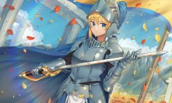Rule 34 | 1girl, absurdres, armor, blonde hair, blue cape, blue eyes, breastplate, cape, closed mouth, commentary request, eyebrows hidden by hair, gauntlets, goback, hair between eyes, helmet, highres, holding, holding sword, holding weapon, huge filesize, mountain, original, pauldrons, petals, pillar, plate armor, plume, saber (weapon), shoulder armor, sidelocks, solo, sword, weapon