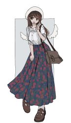 Rule 34 | 1girl, azumaya toushirou, bag, brown footwear, brown hair, dress, floral print dress, grey background, highres, index finger raised, loafers, long dress, long hair, no nose, original, puffy sleeves, shirt, shoes, shoulder bag, simple background, solo, standing, standing on one leg, white background, white headwear, white shirt, wings