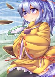 Rule 34 | 1girl, alternate color, black thighhighs, blue hair, blush, bowl, fun bo, hands in opposite sleeves, hat, long sleeves, mononobe no futo, plate, ponytail, purple eyes, smile, solo, thighhighs, touhou, wide sleeves