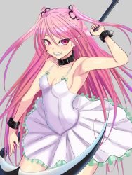 Rule 34 | 1girl, artist request, bare legs, bare shoulders, blush, demon girl, dress, fangs, felicia (taimanin kurenai), highres, holding, holding weapon, long hair, looking at viewer, naughty face, pink hair, pointy ears, red eyes, scythe, simple background, smile, solo, taimanin (series), taimanin kurenai, taimanin rpgx, twintails, very long hair, weapon