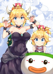 Rule 34 | 2girls, armlet, bare shoulders, bib, black dress, black nails, blonde hair, blush, bowsette, bowsette jr., bracelet, breasts, brooch, claw pose, cleavage, collar, collarbone, commentary request, covered navel, crown, dress, earrings, fang, fang out, fingernails, forked eyebrows, grin, hair between eyes, hands up, highres, horns, jewelry, koopa clown car, large breasts, long hair, looking at viewer, mario (series), medium breasts, miyabi (miyabeeya), mother and daughter, multiple girls, nail polish, new super mario bros. u deluxe, nintendo, ponytail, sharp fingernails, sharp teeth, smile, spiked armlet, spiked bracelet, spiked collar, spiked shell, spikes, teeth, thick eyebrows, turtle shell, v-shaped eyebrows, zoom layer