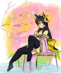 Rule 34 | 1boy, absurdres, androgynous, animal ears, black hair, blush, cat boy, cat ears, collar, crossdressing, hair ornament, highres, japanese clothes, kimono, lips, long hair, looking at viewer, male focus, mole, pond, rei (yellow kirby), smile, solo, thighhighs, trap, yellow eyes, yellow kirby