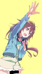 Rule 34 | 1girl, arm up, brown eyes, brown hair, buttons, cowboy shot, dress, dutch angle, goggles, goggles around neck, ixy, jacket, long hair, microphone, moritomo nozomi, open mouth, short dress, simple background, solo, the rolling girls, thigh strap, yellow background
