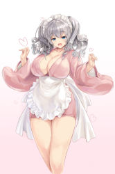 Rule 34 | 10s, 1girl, :d, absurdres, alternate costume, apron, blue eyes, blush, breasts, cleavage, collarbone, commentary request, cowboy shot, cropped legs, enmaided, highres, japanese clothes, kantai collection, kashima (kancolle), kimono, kiyama satoshi, large breasts, long sleeves, looking at viewer, maid, maid headdress, open mouth, short kimono, silver hair, smile, solo, twintails, wa maid, waist apron, wavy hair, wide sleeves