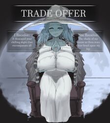 Rule 34 | 1girl, absurdres, blue eyes, blue hair, blue skin, booruguru, breast lift, breasts, colored skin, dress, elden ring, english text, female focus, grabbing own breast, hat, highres, huge breasts, meme, one eye closed, own hands together, ranni the witch, sitting, solo, trade offer (meme), white dress, witch hat
