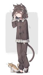 Rule 34 | 1girl, absurdres, animal ears, black hair, black pajamas, black pants, cat, cat ears, cat girl, cat tail, closed eyes, closed mouth, from side, full body, highres, kurioshi fio, messy hair, original, pajamas, pants, satou (3366 s), short hair, simple background, sleepy, standing, tail, white background