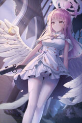 Rule 34 | 1girl, absurdres, angel wings, blue archive, capelet, chisi, closed mouth, dress, feathered wings, frilled dress, frills, gun, hair bun, halo, highres, holding, holding gun, holding weapon, long hair, low wings, mika (blue archive), panties, panties under pantyhose, pantyhose, pantyshot, pink hair, short dress, sidelocks, single hair bun, single side bun, sleeveless, sleeveless dress, solo, thighband pantyhose, underwear, weapon, white capelet, white dress, white pantyhose, white wings, wing ornament, wings, yellow eyes