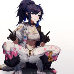 Rule 34 | 1girl, absurdres, animal print, black hair, blue eyes, blush, breasts, cleavage, collar, derederu, g-string, gloves, highres, indie virtual youtuber, kson, large breasts, midriff, open clothes, ponytail, sarashi, smile, solo, spiked collar, spikes, squatting, thong, unzipped, virtual youtuber