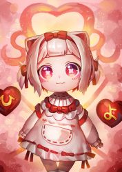 Rule 34 | 1girl, :3, absurdres, amai hiyo, amai hiyo channel, animal ears, baby, blunt bangs, bow, cat ears, cat girl, child, closed mouth, dress, headband, heart, highres, long sleeves, looking at viewer, pink dress, pink theme, pouch, red bow, red eyes, red headband, red ribbon, ribbon, ribbon-trimmed clothes, ribbon trim, short hair, short twintails, solo, symbol-shaped pupils, twintails, virtual youtuber, ziteng yue