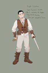 Rule 34 | 1boy, alternate universe, black hair, boots, bracer, brown footwear, brown vest, chengongzi123, closed mouth, collared shirt, commentary, english commentary, english text, facial hair, full body, goatee stubble, golden kamuy, green background, green eyes, highres, holding, holding sword, holding weapon, looking to the side, male focus, mixed-language commentary, pants, sheath, shirt, short hair, simple background, standing, stubble, sword, tsukishima hajime, unsheathed, very short hair, vest, weapon, white shirt