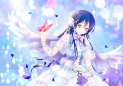 Rule 34 | 1girl, arm up, bare shoulders, blue hair, bug, butterfly, closed mouth, commentary request, cowboy shot, dress, feathered wings, flower, frills, hair between eyes, hair flower, hair ornament, insect, kururi (oekaki nikki), long hair, looking at viewer, love live!, love live! school idol festival, love live! school idol project, ribbon, smile, solo, sonoda umi, wings, x hair ornament