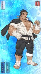 Rule 34 | 1boy, abs, bandages, bandaged arm, bandaged foot, bandaged foot, bandages, bara, black hair, bulge, burnt clothes, dark-skinned male, dark skin, dougi, facial hair, full body, gomtang, jacket, jacket on shoulders, large pectorals, long sideburns, male focus, mature male, muscular, muscular male, open clothes, open shirt, original, pants, pectoral cleavage, pectorals, short hair, sideburns, solo, stubble, thick thighs, thighs, tight clothes, tight pants, tokyo houkago summoners, torn clothes, torn pants