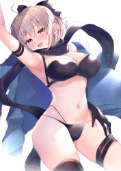 Rule 34 | 1girl, :d, ahoge, arm up, armband, armpits, ayuma sayu, bare shoulders, bikini, black bikini, black bow, black gloves, black scarf, black thighhighs, bow, breasts, brown eyes, brown hair, cleavage, cowboy shot, fate/grand order, fate (series), gloves, hair bow, haori, highleg, highleg bikini, japanese clothes, large breasts, looking at viewer, md5 mismatch, navel, okita j. souji (fate), okita j. souji (first ascension) (fate), okita souji (fate), okita souji (koha-ace), open mouth, resolution mismatch, scarf, short hair, sidelocks, simple background, single glove, single thighhigh, smile, solo, source larger, swimsuit, thigh strap, thighhighs, white background
