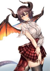 Rule 34 | 1girl, black thighhighs, blurry, blush, breasts, depth of field, dragon girl, dragon horns, dragon tail, dragon wings, from side, gradient background, granblue fantasy, grea (shingeki no bahamut), head tilt, highres, hiyashi mirano, horns, large breasts, long sleeves, looking at viewer, miniskirt, pointy ears, purple hair, red eyes, shingeki no bahamut, shirt, short hair, skirt, solo, tail, thighhighs, torn clothes, torn sleeves, white shirt, wings, zettai ryouiki
