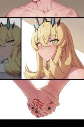 Rule 34 | 1boy, 1girl, bad source, barghest (fate), bite mark, black nails, blonde hair, blush, closed mouth, collarbone, command spell, crossed bangs, fate/grand order, fate (series), fujimaru ritsuka (male), green eyes, hickey, highres, holding hands, long hair, lvl (sentrythe2310), nail polish, red eyes