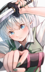 Rule 34 | 1girl, absurdres, black neckerchief, blue eyes, blurry, depth of field, dual wielding, green jacket, green nails, highres, holding, holding sword, holding weapon, jacket, konpaku youmu, looking at viewer, mahoro (minase mahoro), neckerchief, serious, shirt, short hair, short sleeves, solo, sword, touhou, weapon, white background, white hair, white shirt