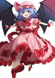 Rule 34 | 1girl, :d, ascot, back bow, bat wings, blue hair, blush, bow, breasts, brooch, commentary request, dress, dress bow, e.o., fang, foreshortening, frilled shirt collar, frills, full body, hair between eyes, hat, hat ribbon, high heels, highres, jewelry, looking at viewer, medium hair, mob cap, open mouth, orange eyes, outstretched arms, perspective, petticoat, pink dress, pink hat, puffy short sleeves, puffy sleeves, red ascot, red bow, red footwear, red ribbon, remilia scarlet, ribbon, short sleeves, simple background, sketch, skin fang, small breasts, smile, solo, touhou, v-shaped eyebrows, white background, wings, wrist cuffs