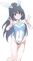 Rule 34 | 1girl, absurdres, alternate costume, animal ears, aqua bow, aqua bowtie, black hair, blush, bow, bowtie, breasts, cleavage, commentary request, covered navel, detached collar, double v, fake animal ears, feet out of frame, flying sweatdrops, ganaha hibiki, groin, highleg, highleg leotard, highres, idolmaster, idolmaster (classic), idolmaster million live!, leotard, long hair, looking at viewer, medium breasts, meeeeeeco359, partial commentary, playboy bunny, ponytail, rabbit ears, simple background, smile, solo, two-tone leotard, v, very long hair, white background, wrist cuffs
