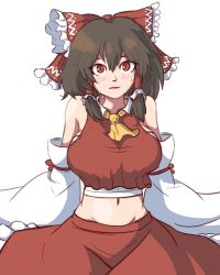 Rule 34 | 1girl, aksawshin, ascot, bad id, bad pixiv id, bare shoulders, blush, bow, breasts, brown hair, detached sleeves, eyebrows hidden by hair, groin, hair bow, hair tubes, hakurei reimu, highres, large breasts, looking at viewer, midriff, navel, red skirt, simple background, skirt, skirt set, solo, sweat, touhou, white background, wide sleeves