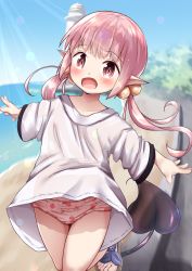 Rule 34 | 1girl, :d, beach, blurry, blurry background, blush, bow, bow panties, brown footwear, cherry panties, cherry print, commentary request, day, demon tail, depth of field, food print, hair bobbles, hair ornament, highres, horizon, lighthouse, long hair, long sleeves, looking at viewer, low twintails, mochiyuki, ocean, open mouth, original, outdoors, outstretched arms, panties, pink hair, pink panties, pointy ears, print panties, red eyes, sandals, shirt, smile, solo, star (symbol), star print, strawberry panties, strawberry print, tail, twintails, underwear, very long hair, water, white shirt, wide sleeves