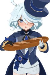 Rule 34 | 1girl, ascot, baguette, baugette, black ascot, black gloves, blue bow, blue brooch, blue eyes, blue hair, blue hat, blue jacket, blush, bow, bread, flasso, food, furina (genshin impact), genshin impact, gloves, hair between eyes, hair over one eye, hat, highres, holding, holding food, jacket, light blue hair, long hair, long sleeves, looking at viewer, multicolored hair, open clothes, open jacket, open mouth, shorts, simple background, smile, solo, standing, streaked hair, top hat, white background, white gloves, white shorts