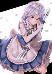 Rule 34 | 1girl, absurdres, apron, back bow, backlighting, between fingers, blouse, blue skirt, blue vest, bow, braid, breasts, closed mouth, commentary request, cowboy shot, frilled apron, frilled skirt, frills, green ribbon, grey hair, head tilt, highres, holding, holding knife, izayoi sakuya, knife, knives between fingers, looking at viewer, mahoro (minase mahoro), maid headdress, medium hair, neck ribbon, puffy short sleeves, puffy sleeves, red eyes, ribbon, shirt, short sleeves, skirt, small breasts, smile, solo, touhou, twin braids, v-shaped eyebrows, vest, waist apron, white apron, white bow, white shirt