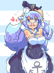 Rule 34 | 1girl, absurdres, anchor symbol, armpits, arms up, azur lane, bleuzer, blue eyes, blue hair, bow, braid, breasts, choker, cleavage, dress, edinburgh (azur lane), flying sweatdrops, frilled dress, frills, glasses, gloves, hair bow, heart, highres, long hair, maid, medium breasts, open mouth, sailor collar, simple background, sweat, twin braids, upper body