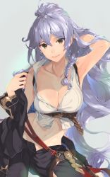 Rule 34 | 1girl, armpits, bare shoulders, belt, braid, breasts, brown eyes, cleavage, collarbone, commentary request, granblue fantasy, groin, highres, large breasts, long hair, looking at viewer, midriff, naruse hirofumi, navel, removing jacket, silva (granblue fantasy), silver hair, smile, unbuttoned, unbuttoned pants, unbuttoned shirt