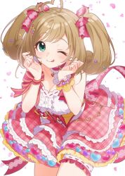 Rule 34 | 1girl, ahoge, bare shoulders, blush, booota, bow, breasts, cleavage, collarbone, cowboy shot, dot nose, dress, dress bow, frilled dress, frills, green eyes, hair bow, hair ornament, hair ribbon, hairclip, hands up, heart, heart background, heart hair ornament, idolmaster, idolmaster cinderella girls, idolmaster cinderella girls starlight stage, large breasts, layered dress, long hair, looking at viewer, one eye closed, pink nails, plaid, plaid dress, red bow, red dress, red ribbon, ribbon, sato shin, scrunchie, sleeveless, sleeveless dress, smile, solo, thigh strap, tongue, tongue out, twintails, white background, wrist ribbon, wrist scrunchie, yellow scrunchie