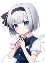 Rule 34 | 1girl, black hairband, blue eyes, bob cut, breast pocket, buttons, closed mouth, collared shirt, commentary request, green vest, grey hair, hairband, highres, hitodama, hitodama print, konpaku youmu, konpaku youmu (ghost), pocket, puffy short sleeves, puffy sleeves, shirt, short hair, short sleeves, simple background, smile, solo, steepled fingers, suzuno naru, touhou, upper body, vest, white background, white shirt, wing collar