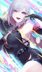 Rule 34 | 1girl, 1other, :d, bare shoulders, belt, black belt, black gloves, breasts, coin, commentary, gloves, highres, holding, holding coin, honkai: star rail, honkai (series), large breasts, looking at viewer, multicolored hair, numby (honkai: star rail), open mouth, purple eyes, red hair, revision, sanshoku dango (ahxf3842), short hair, smile, streaked hair, topaz (honkai: star rail), trotter (honkai: star rail), white hair