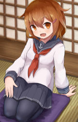 Rule 34 | 10s, 1girl, :d, anchor symbol, black pantyhose, black skirt, brown hair, check commentary, commentary request, fang, hair ornament, hairclip, highres, ikazuchi (kancolle), kantai collection, long sleeves, neckerchief, necktie, okitsugu, open mouth, pantyhose, pleated skirt, red neckerchief, school uniform, seiza, serafuku, short hair, sitting, skirt, smile, solo