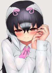 Rule 34 | 1girl, absurdres, african penguin (kemono friends), alternate costume, black hair, blush, brown eyes, buttons, commentary, deku suke, dress shirt, grey background, hair between eyes, hand on own cheek, hand on own face, headphones, highres, kemono friends, long hair, long sleeves, multicolored hair, own hands together, pink hair, pink neckwear, shirt, simple background, smile, solo, upper body, white hair, white shirt, wing collar